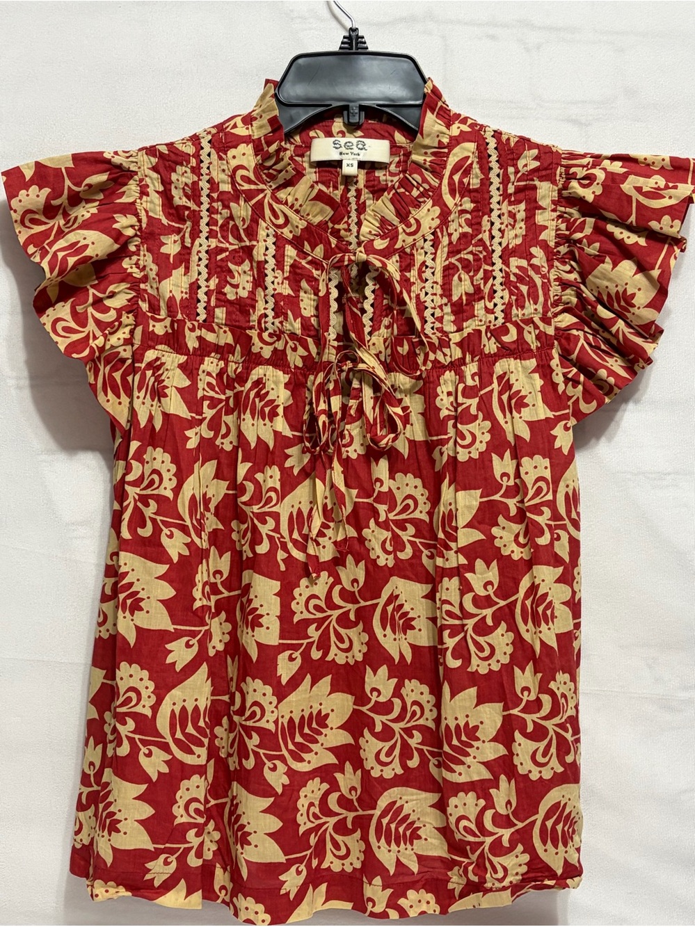 Sea New York Red/kaki Smocked Cap Sleeve Cutout Top Short Sleeve Blouse - XS